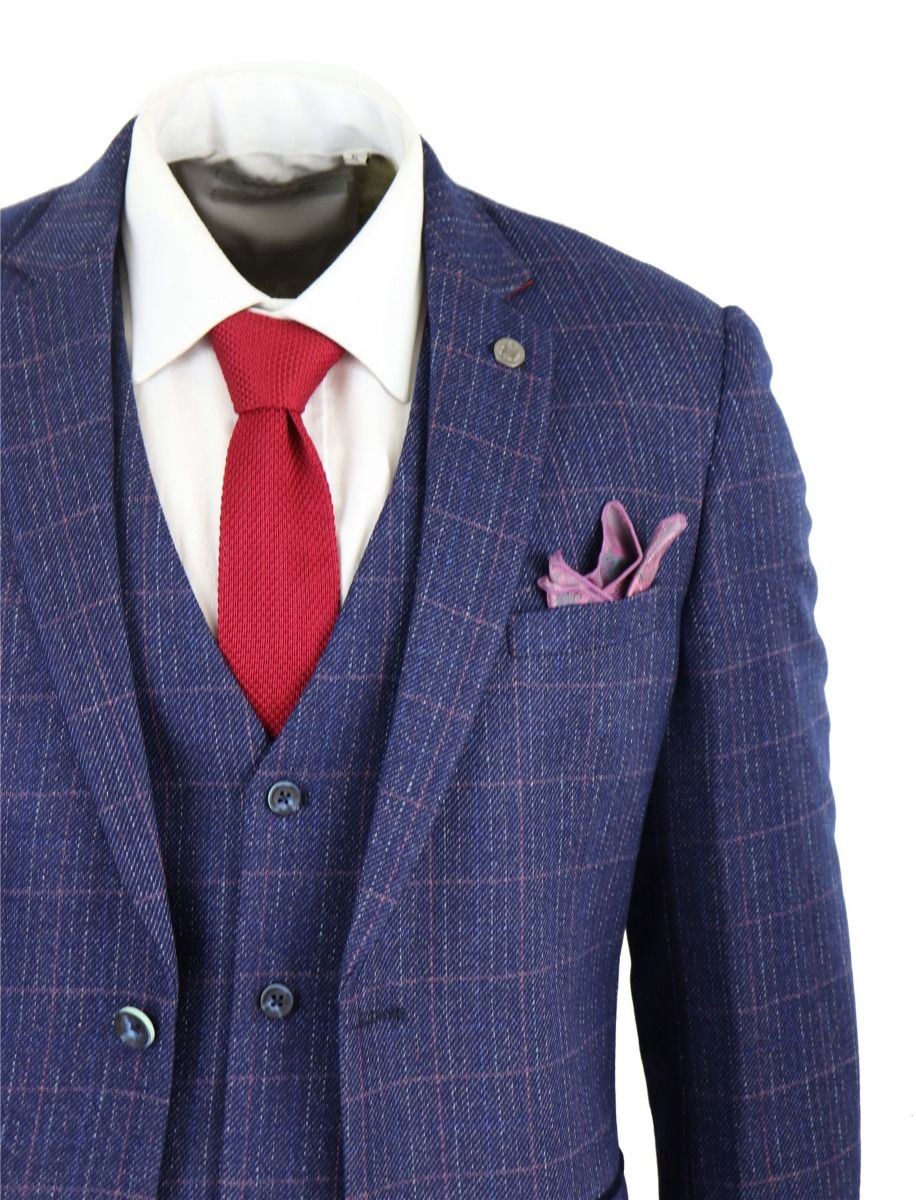 Mens 3 Piece Blue Herringbone Check Vintage Classic Suit