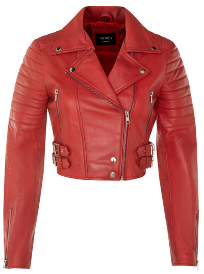 Womens Cropped Brando Leather Biker Jacket-Damascus