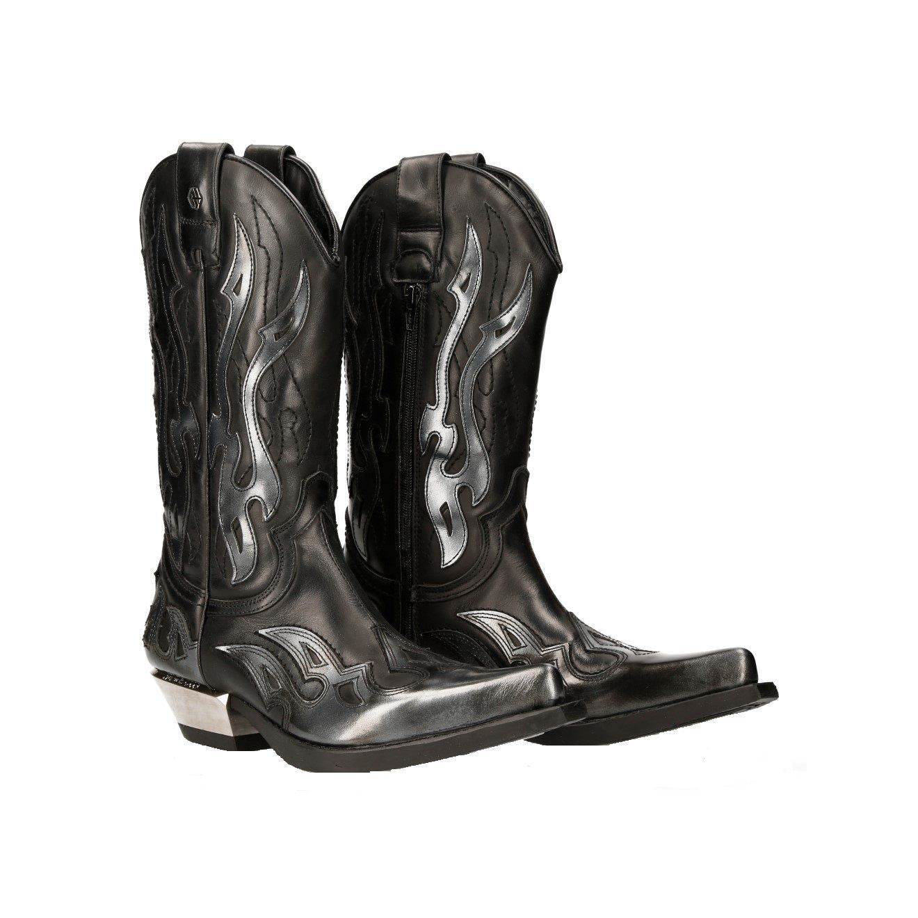 New Rock Flame Accented Black/Silver Leather Biker Cowboy Boots- M-7921-S3