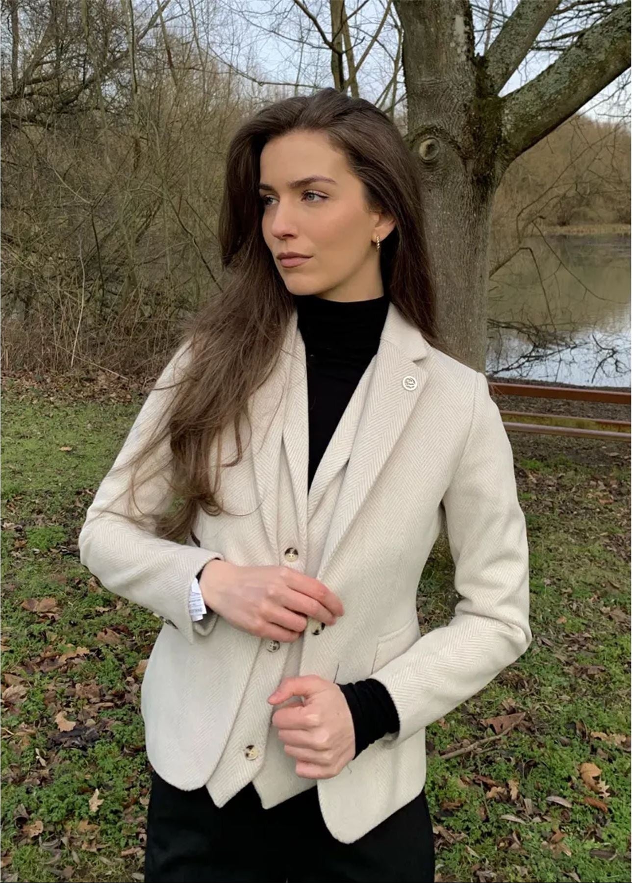 Women's Cream 2 Piece Set Wool Blend Tweed Blazer Waistcoat