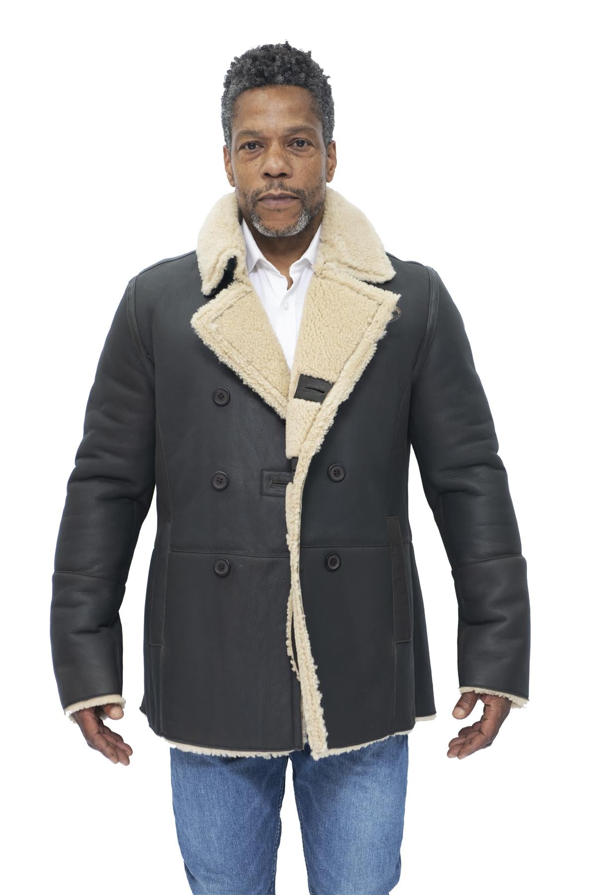 Mens Double Breasted Shearling Sheepskin Pea Coat-Kington