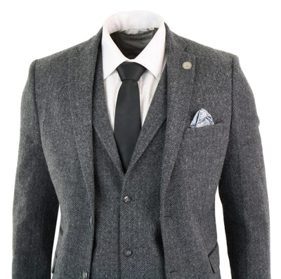 Men's 3 Piece Charcoal Grey Herringbone Tweed Suit