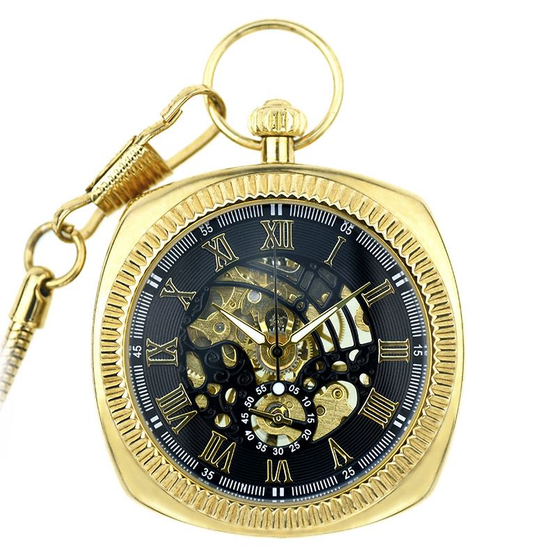 Mechanical Golden Vintage Skeleton Square Open-Face Pocket Watch