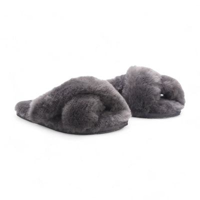 Women's Sheepskin Slippers Grey Warm Winter Fur Crossover - Snowbelle