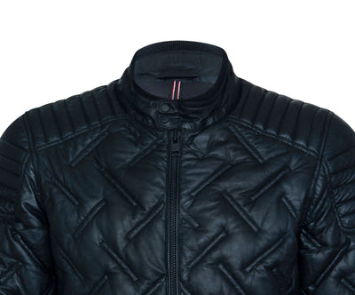 Men's Black Leather Quilted Biker Jacket - Manaus
