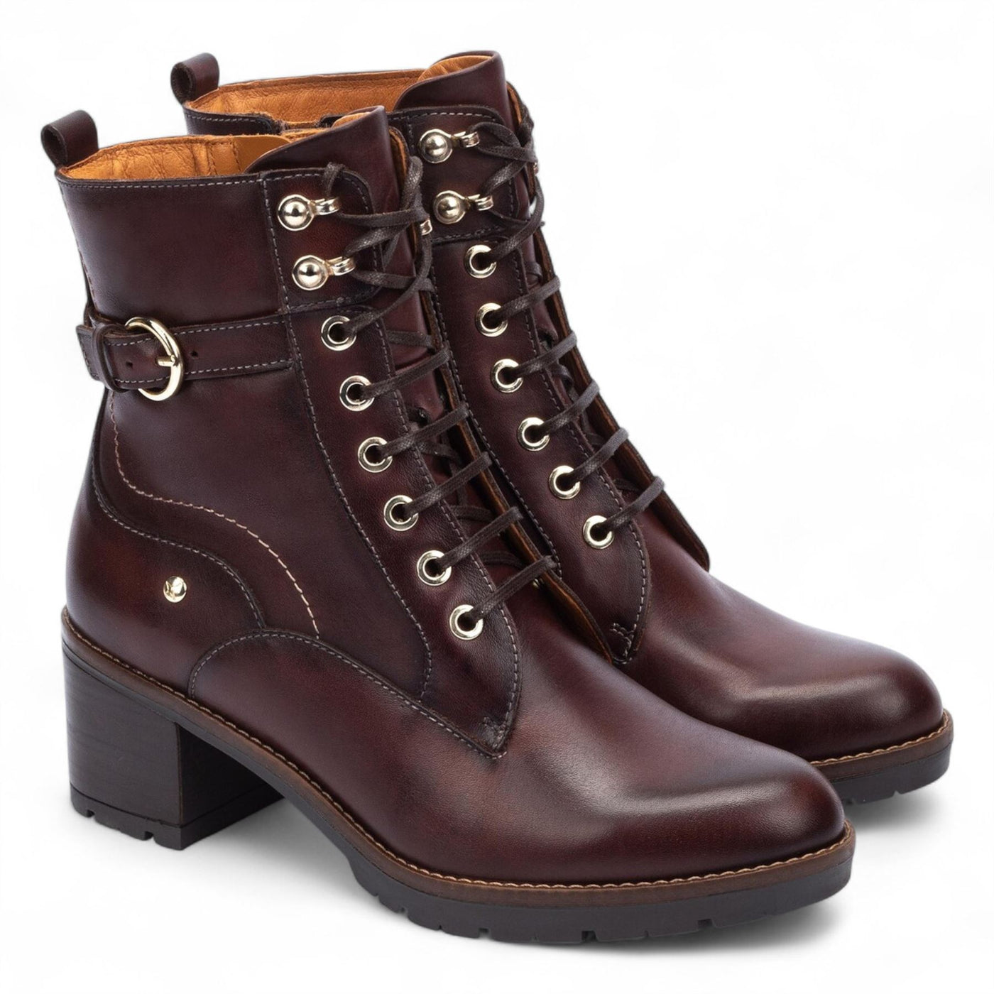 Pikolinos Women’s Caoba Brown Leather Mid-Heel Combat Ankle Boots - Llanes