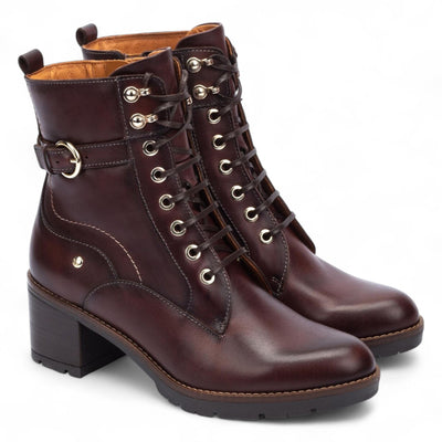Pikolinos Women’s Caoba Brown Leather Mid-Heel Combat Ankle Boots - Llanes