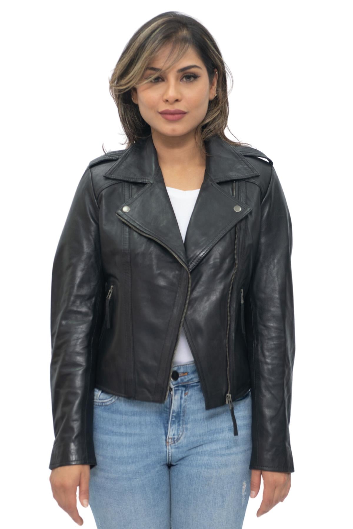 Womens Black Leather Biker Jacket-Tamale