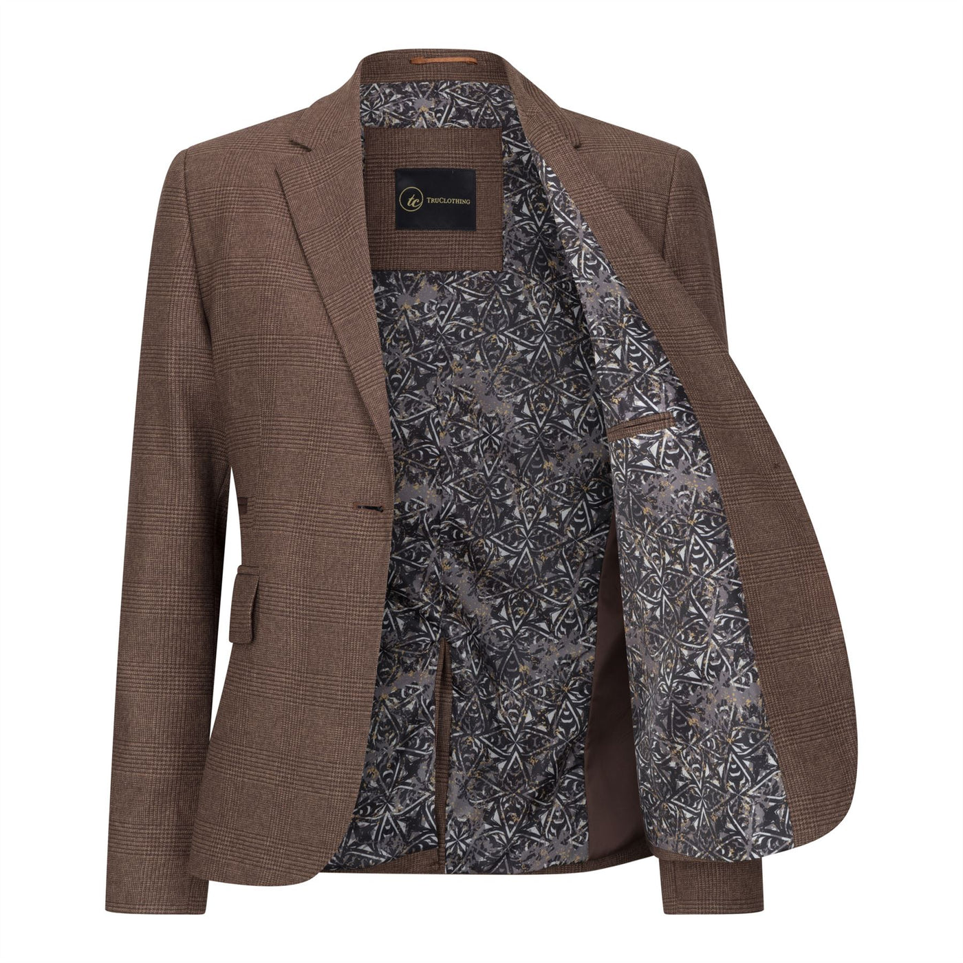 Women's Brown Three-Piece Tailored Fit Suit in Prince of Wales Check