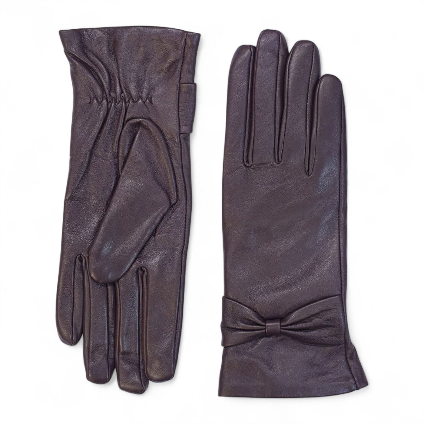 Womens Italian Leather Winter Bow Design Soft Wool Lining Gloves - L-GLV-401