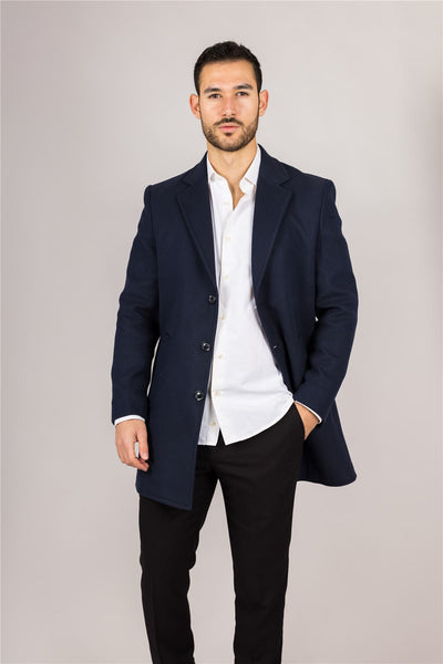 Men's Notched Lapel Collar Wool Blend Navy Overcoat