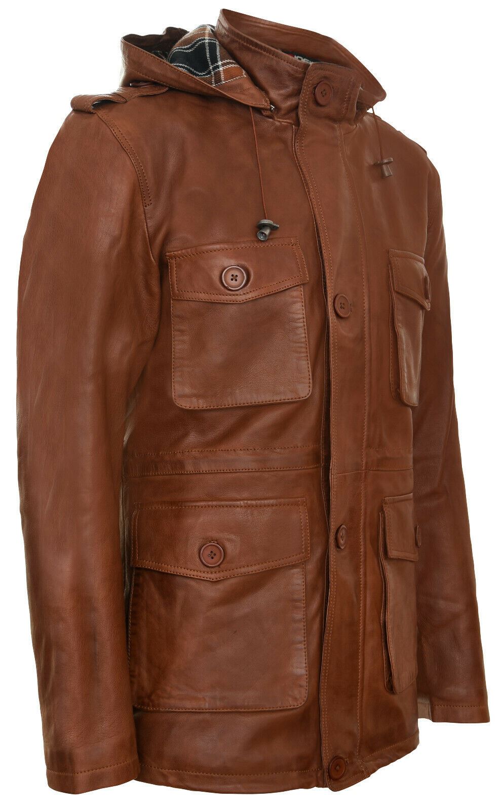 Mens Hooded Trench Multi-Pocket Overcoat Leather Jacket – Infinity