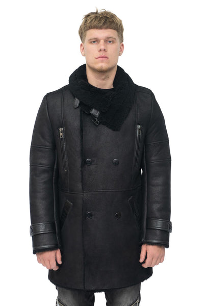 Mens Double Breasted Sheepskin Reefer Coat-Candon