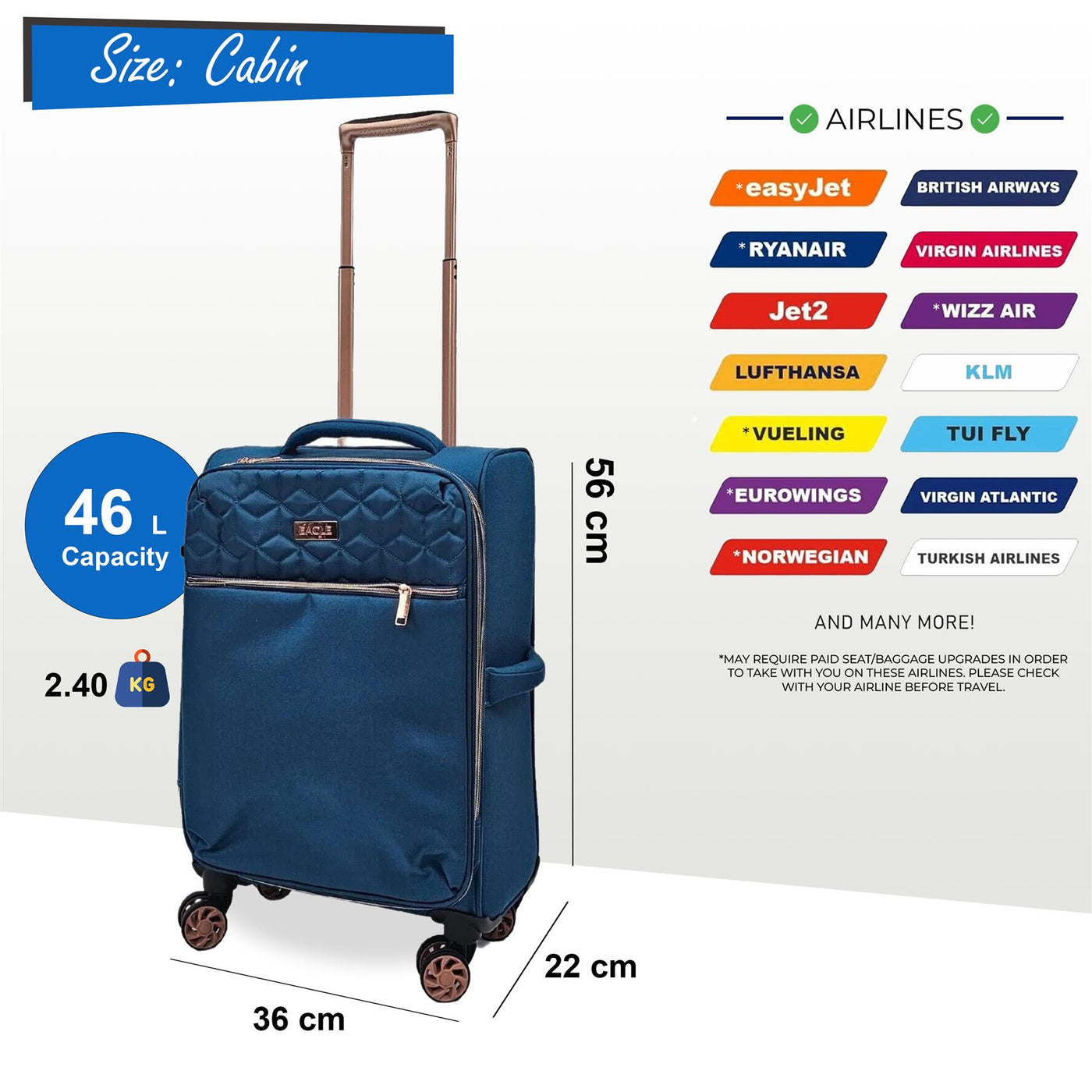 Cabin 4 Wheel Luggage Travel Soft Lightweight Bags