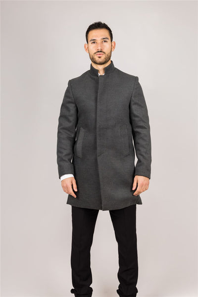 Men's Grey Stand Collar Wool Blend Overcoat