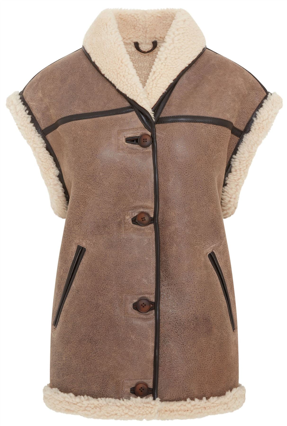 Womens Brown Aviator Shearling Leather Gilet - Chevak