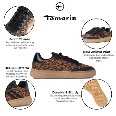 Tamaris Womens Leopard Black Leather Fashion Stripe Lace Up Sneakers