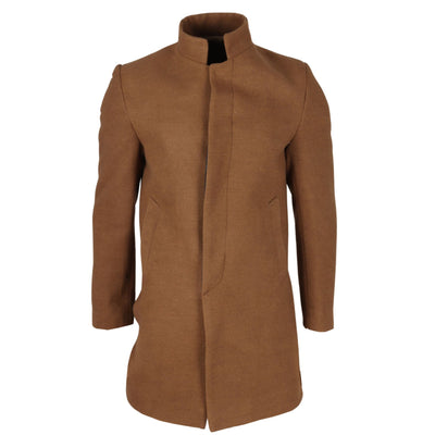 Men's Tan Stand Collar Wool Blend Overcoat