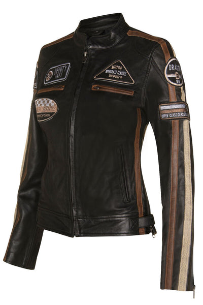 Womens Leather Biker Racing Badges Jacket-Agadir