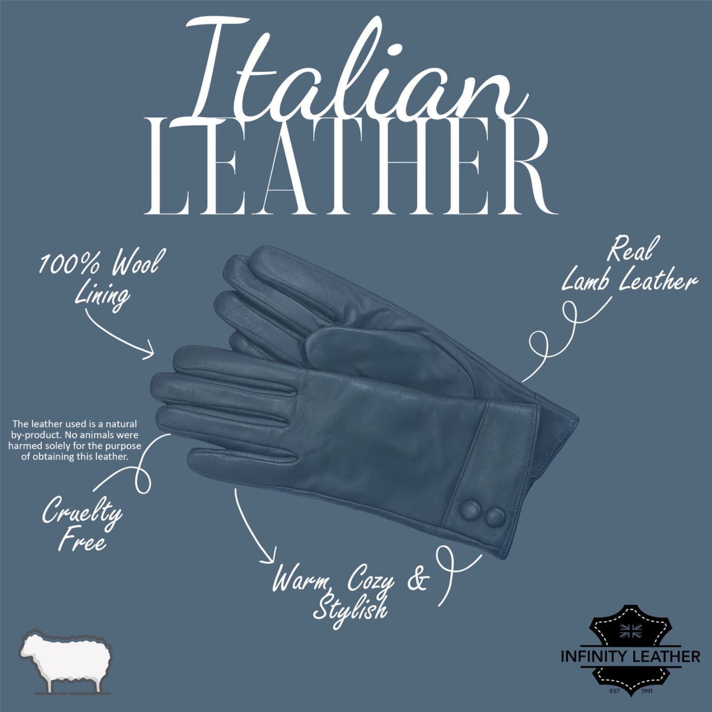 Womens Italian Leather Winter Button Design Soft Wool Lining Gloves - L-GLV-501