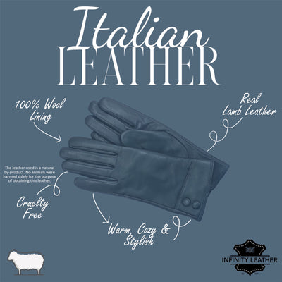 Womens Italian Leather Winter Button Design Soft Wool Lining Gloves - L-GLV-501