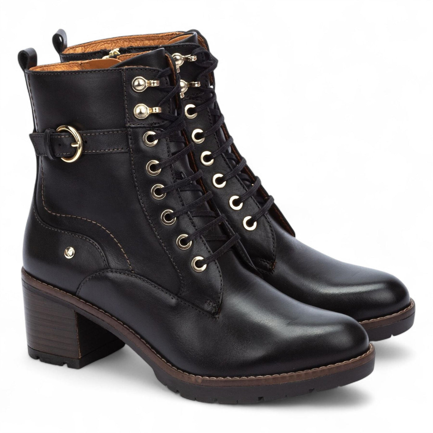 Pikolinos Women’s Black Leather Mid-Heel Combat Ankle Boots - Llanes