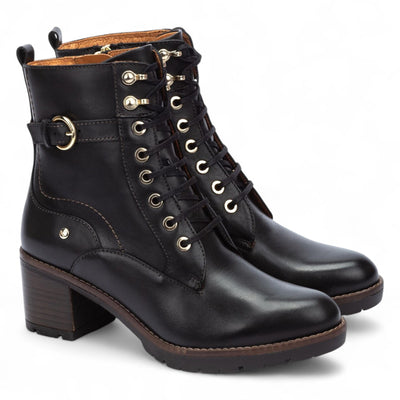 Pikolinos Women’s Black Leather Mid-Heel Combat Ankle Boots - Llanes