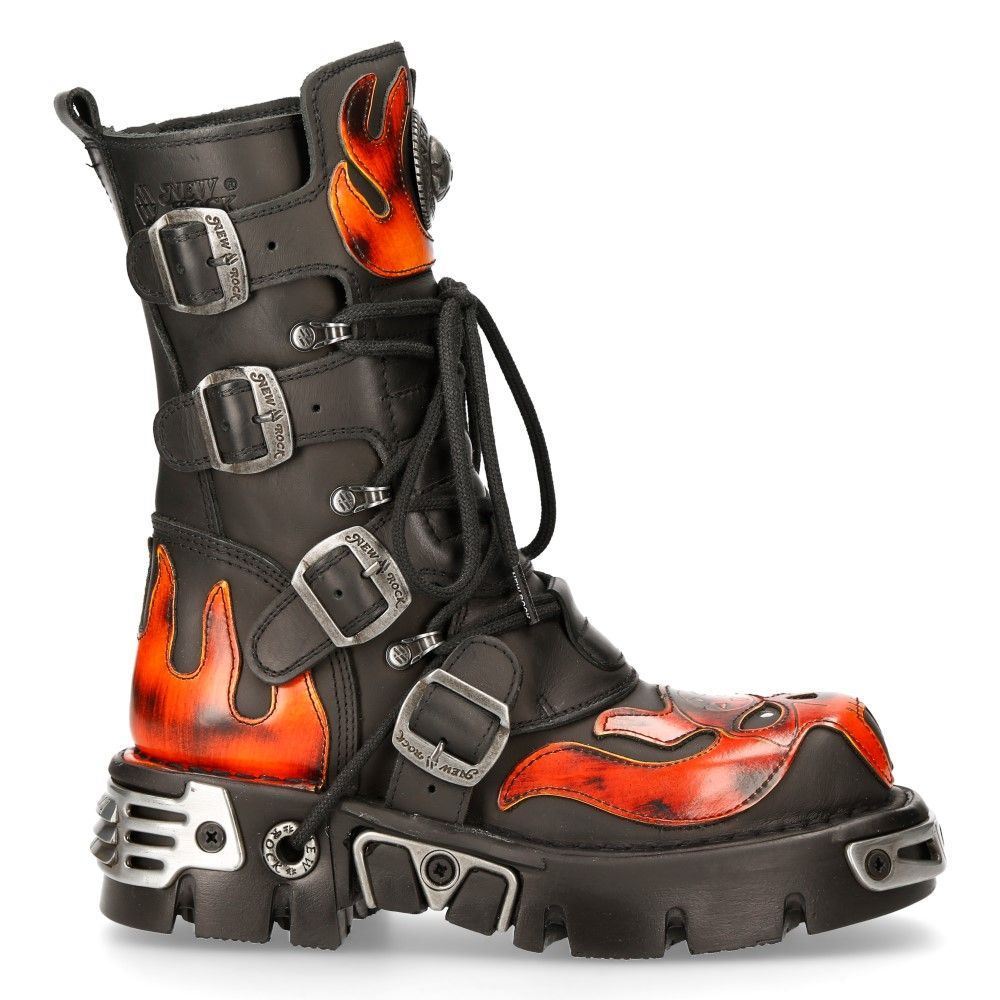 New Rock Flame Accented Black/Red Leather Biker Skull Boots - 107-S1