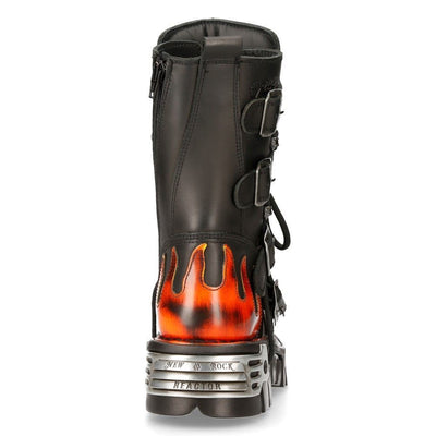 New Rock Flame Accented Black/Red Leather Biker Skull Boots - 107-S1
