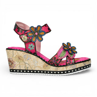 Laura Vita Women's Ballon 08 Fuschia Pink Floral Leather Wedge Espadrille Sandals