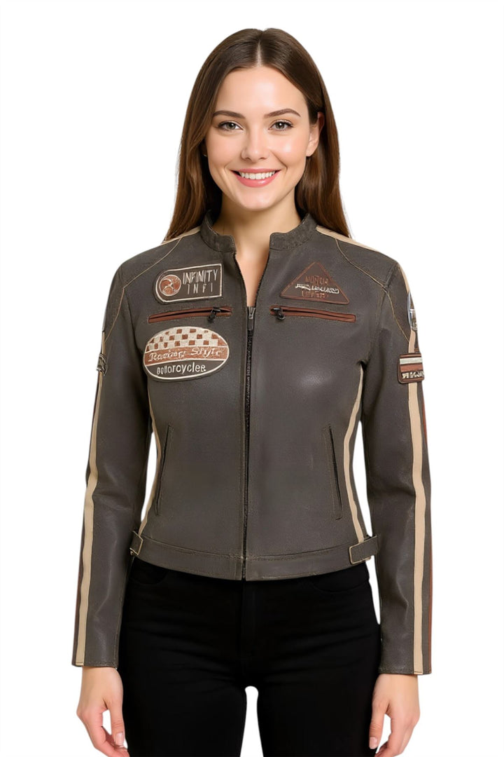 Womens Leather Biker Racing Badges Jacket-Agadir – Infinity Leather