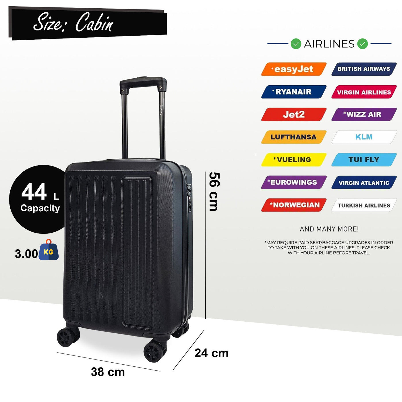 ABS Hard Shell Cabin 56 x 38 x 24 cm Suitcase Suitable for Easyjet, Ryanair