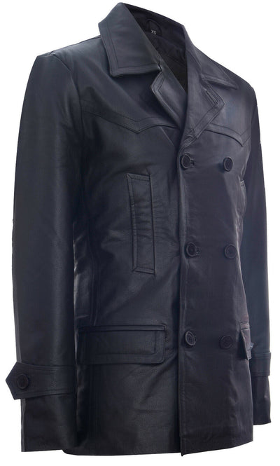 Mens Cow Hide Dr Who Naval German Pea Coat Leather Jacket