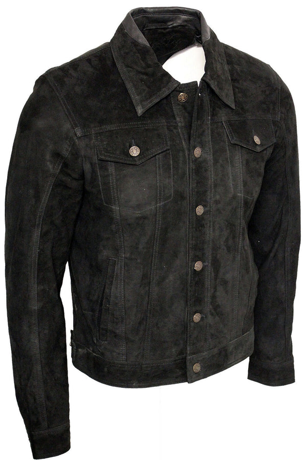 Mens Trucker Classic Suede Leather Shirt Jeans Jacket