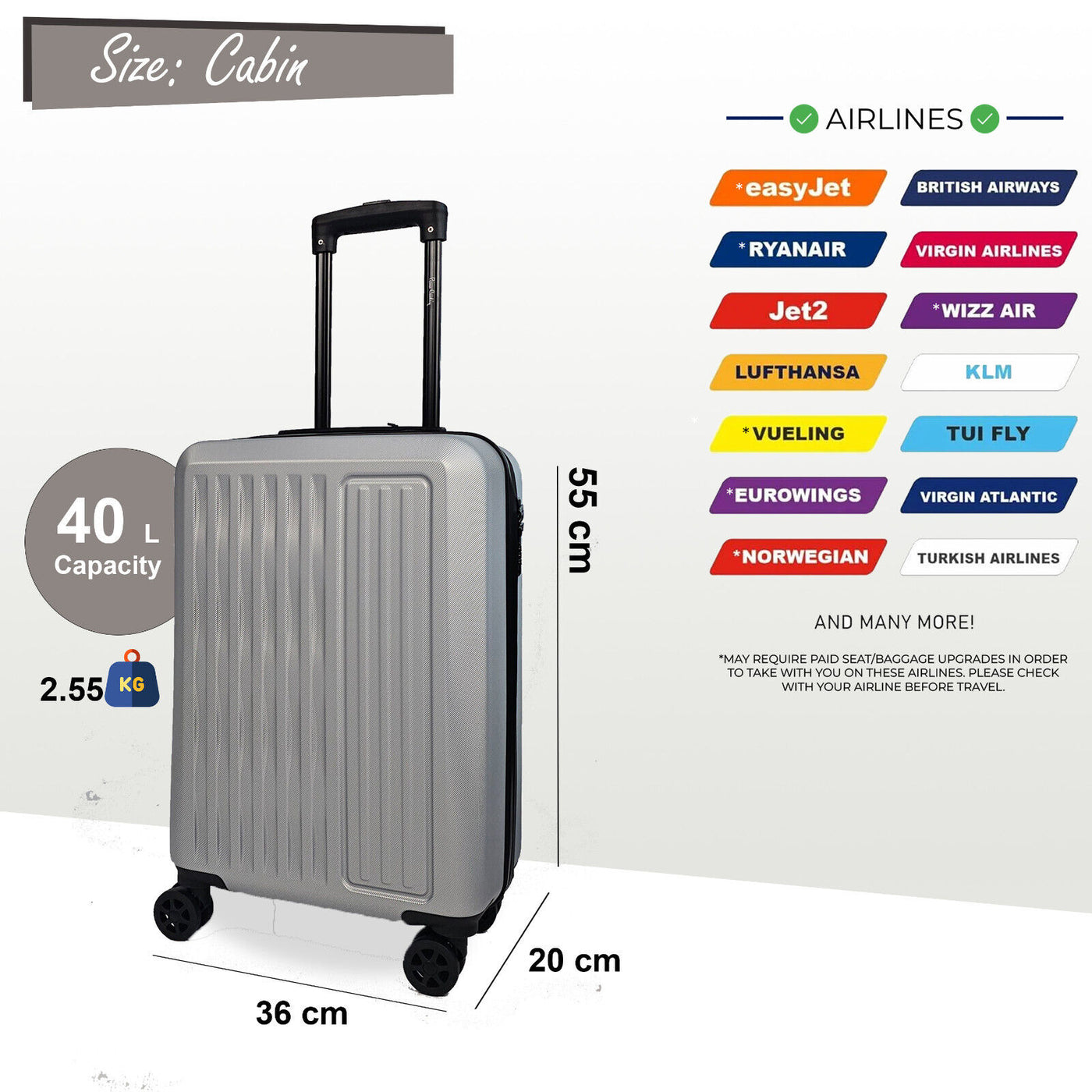 ABS Hard Shell Cabin 56 x 38 x 24 cm Suitcase Suitable for Easyjet, Ryanair