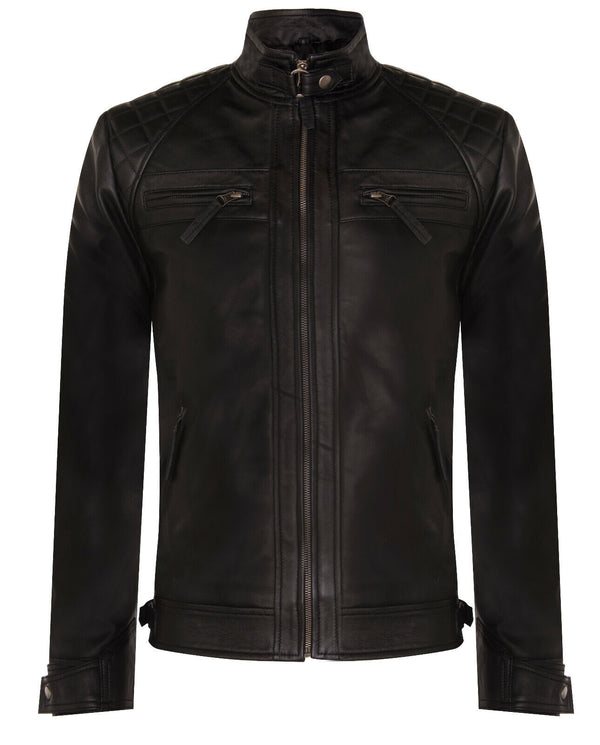 Men's Vintage Zipped Leather Racing Quilted Biker Jacket