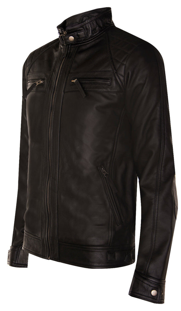 Men's Vintage Zipped Leather Racing Quilted Biker Jacket
