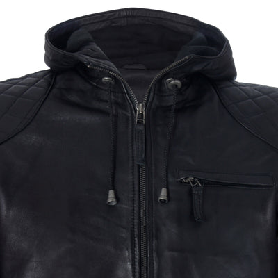 Mens Black Vintage Zipped Leather Hooded Bomber Biker Jacket