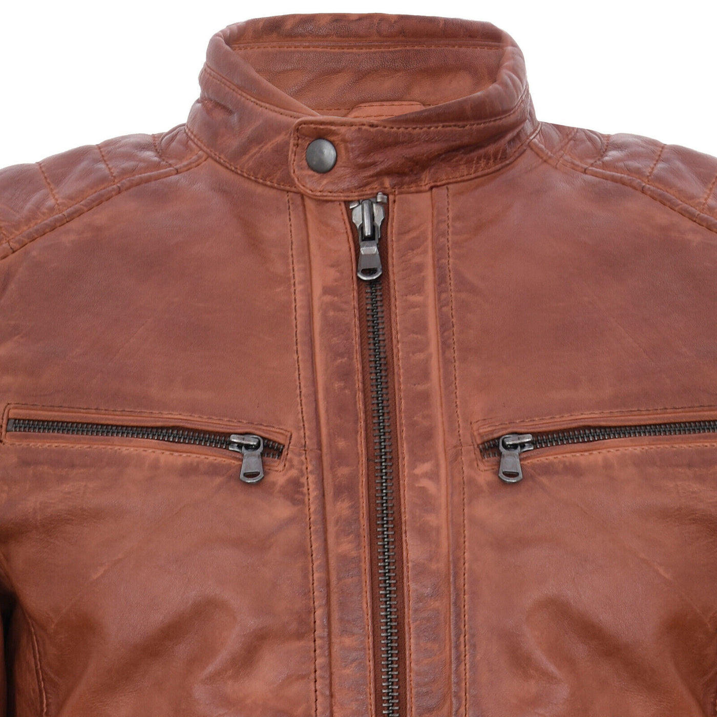 Mens Leather Vintage Quilted Racing Zipped Biker Jacket