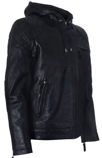 Schwarze Bomber-Bikerjacke aus Leder im Vintage-Stil mit Reißverschluss und Kapuze für Herren