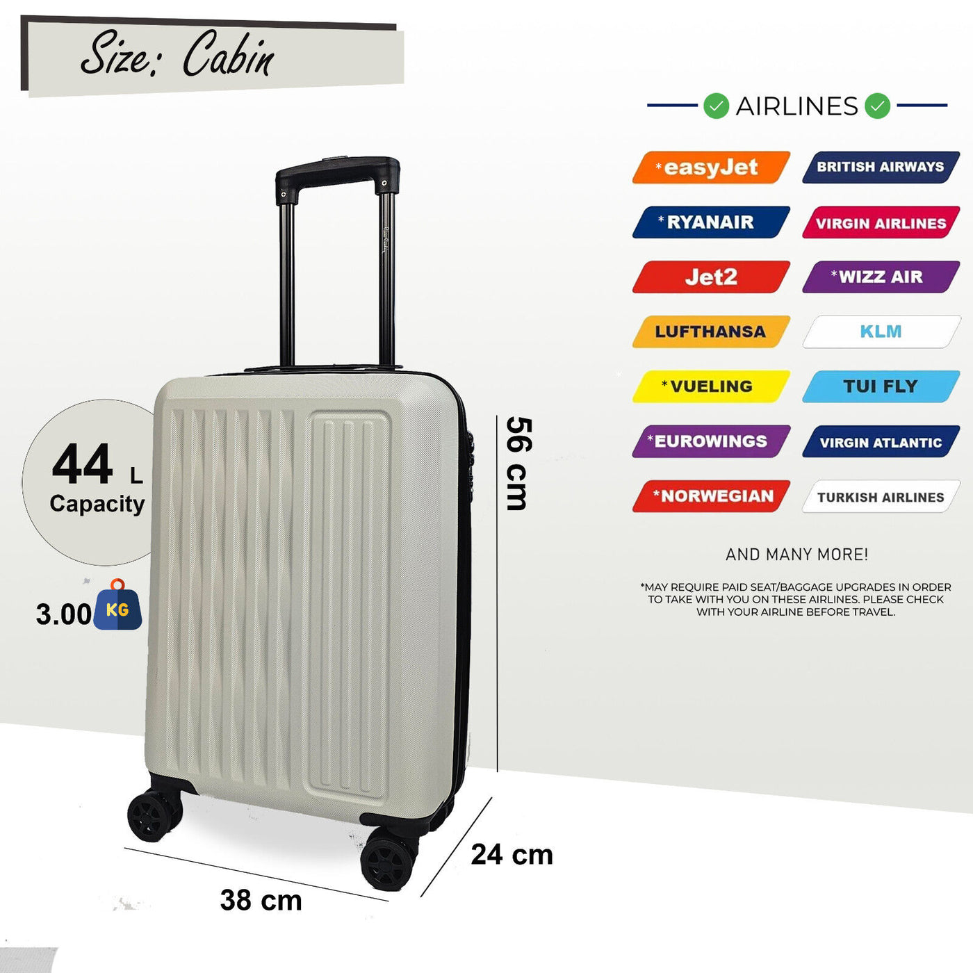 ABS Hard Shell Cabin 56 x 38 x 24 cm Suitcase Suitable for Easyjet, Ryanair