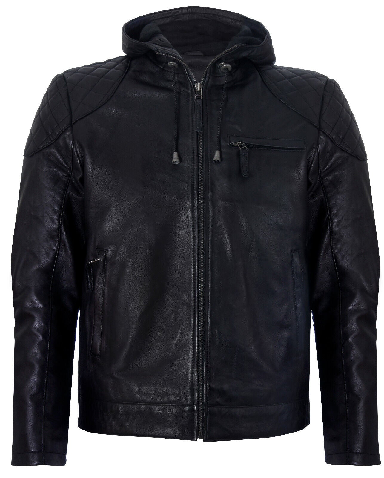 Mens Black Vintage Zipped Leather Hooded Bomber Biker Jacket