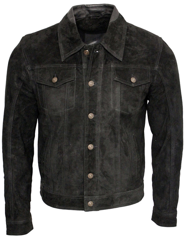 Mens Trucker Classic Suede Leather Shirt Jeans Jacket