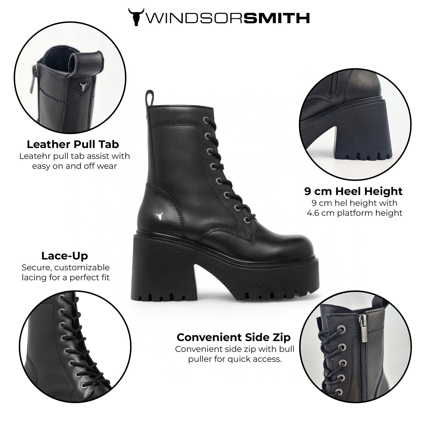 Windsorsmith Black Leather Platform Ankle Boots - Totally