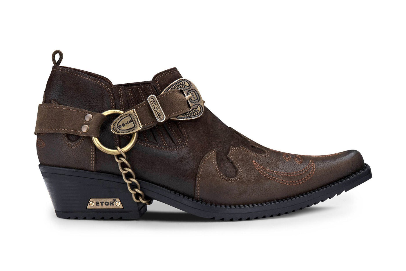 Winklepicker Cowboyschuhe für Herren aus braunem Leder mit Metallkette