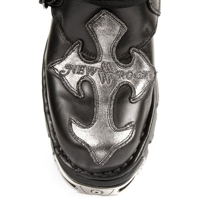 New Rock Silver Cross Black Leather Biker Boots-407-S1