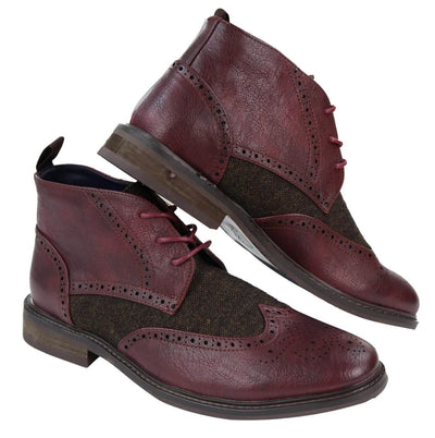 Mens Classic Tweed Oxford Brogue Ankle Boots in Wine Leather