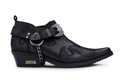 Winklepicker Cowboyschuhe für Herren aus schwarzem Leder mit Metallkette