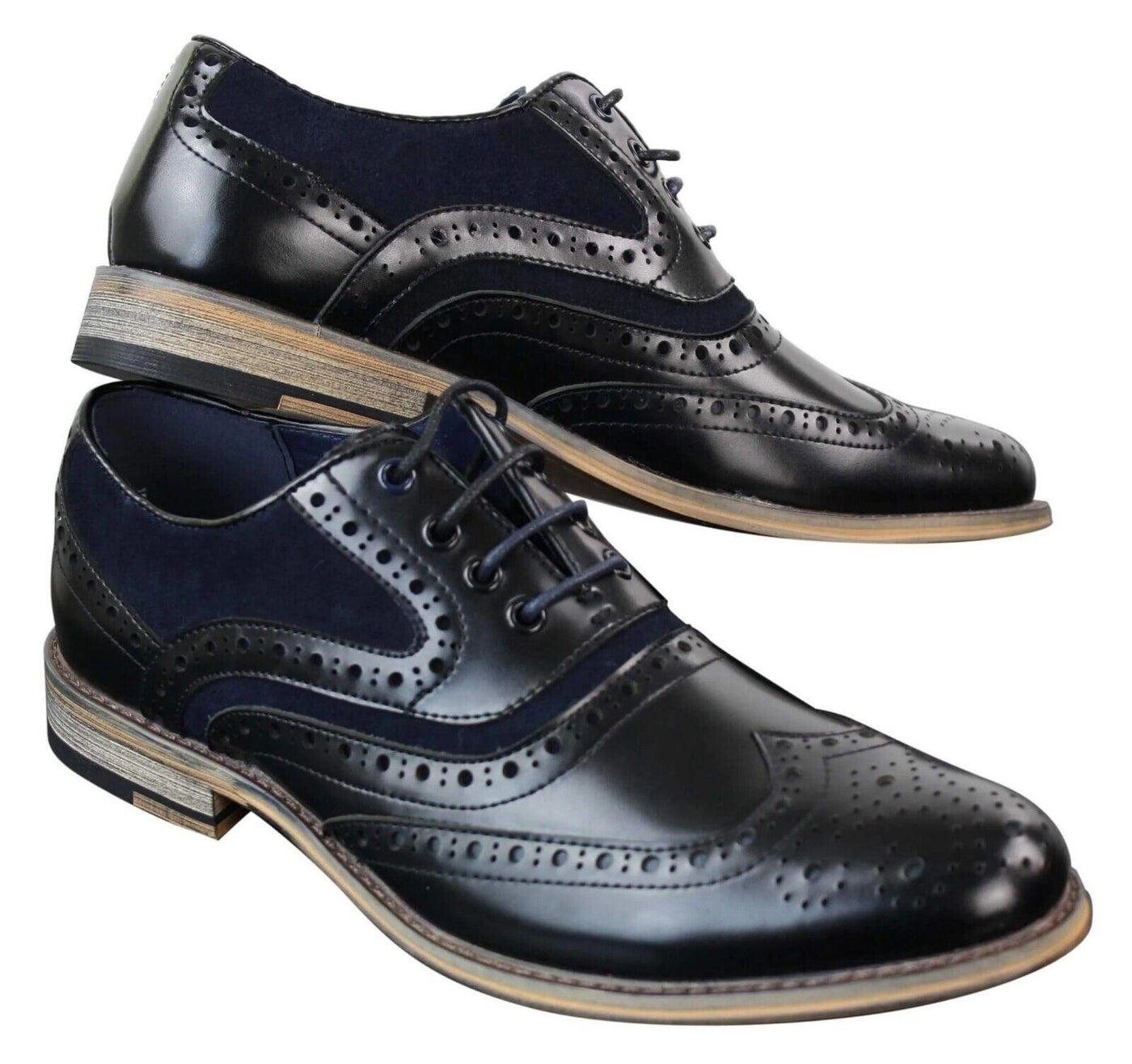 Mens Classic Navy Suede Oxford Brogue Shoes in Black Leather