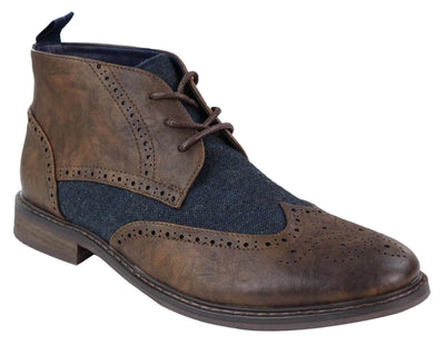 Klassische Tweed-Oxford-Brogue-Stiefeletten für Herren aus braunem Leder